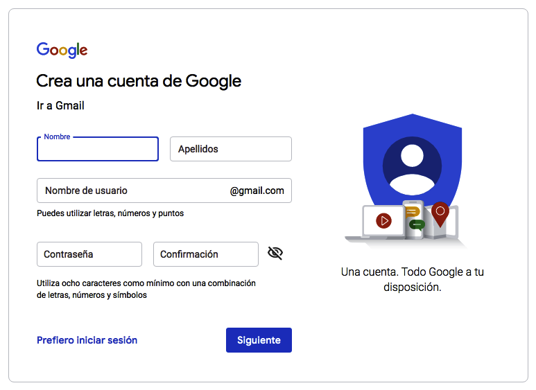 Crear cuenta en Gmail